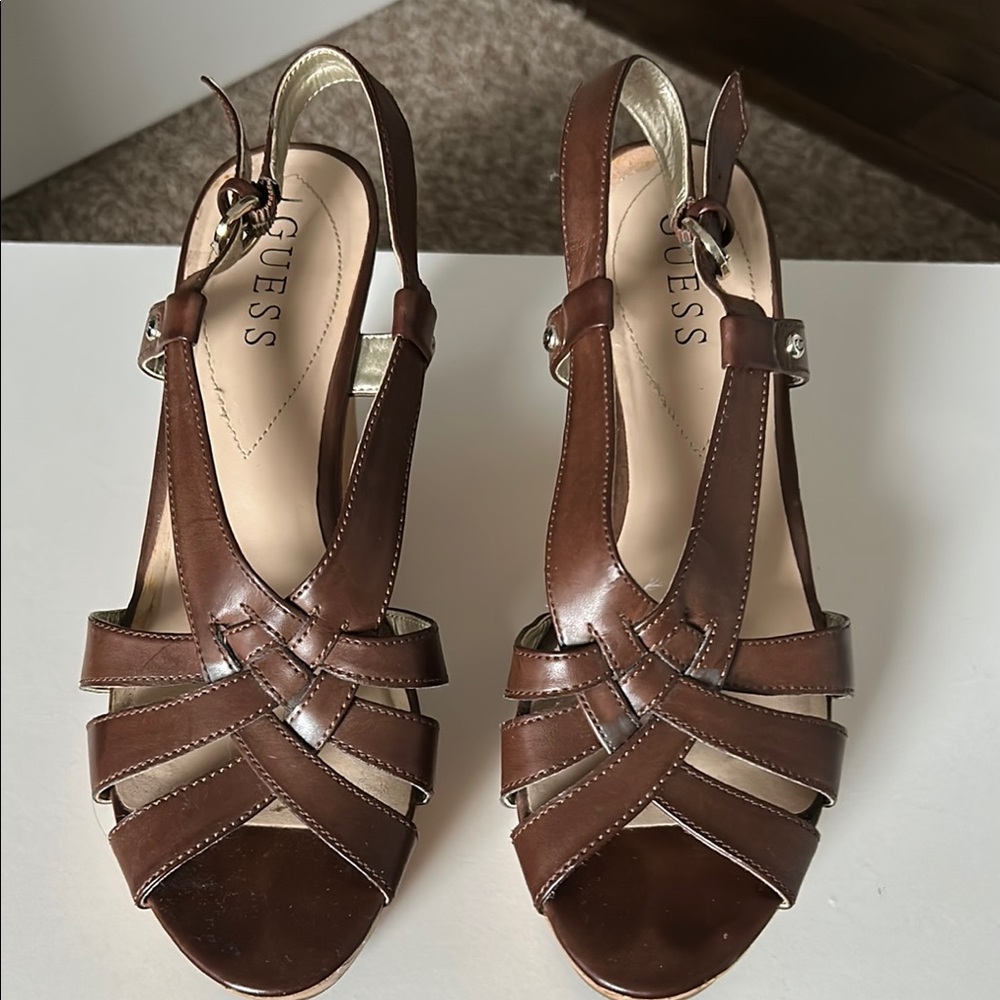 Guess Brown Wedge Sandals with Strappy Design